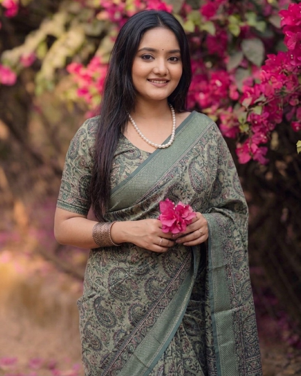 Sage Green Ambi Paisley Chanderi Saree