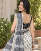 Silver Grey Floral Medallion Chanderi Saree