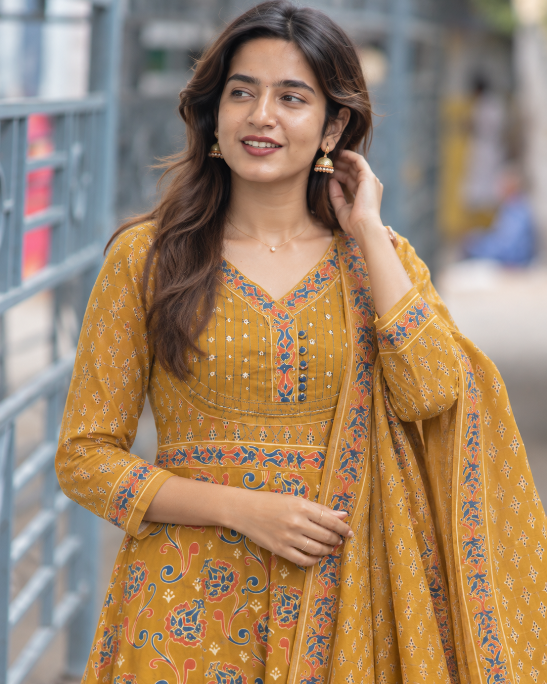 Mustard Floral Anarkali Kurti Set