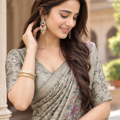 Silver Champagne Floral Vine Brocade Premium Silk Saree