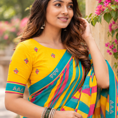 Yellow & Teal Bold Striped Saree