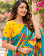Yellow & Teal Bold Striped Saree