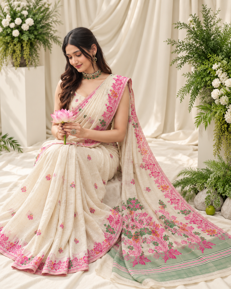 Ivory Floral Vine Jamdani Cotton Saree