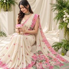 Ivory Floral Vine Jamdani Cotton Saree