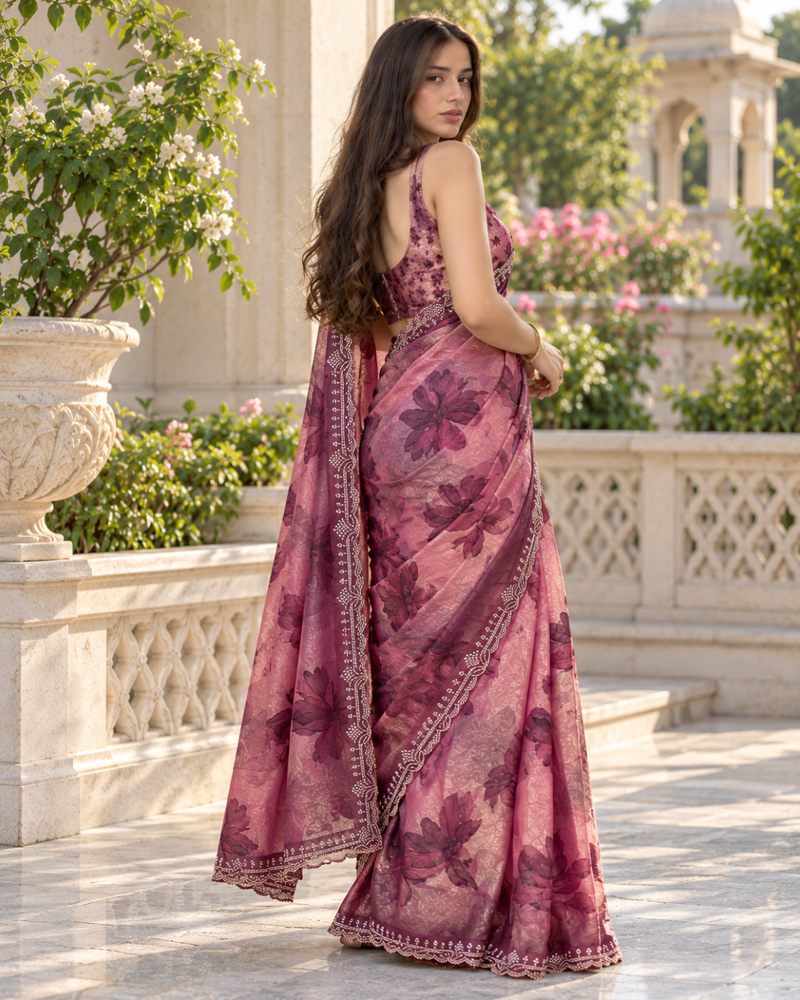 Mauve Purple Watercolor Floral Fandy Silk Saree