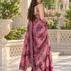 Mauve Purple Watercolor Floral Fandy Silk Saree