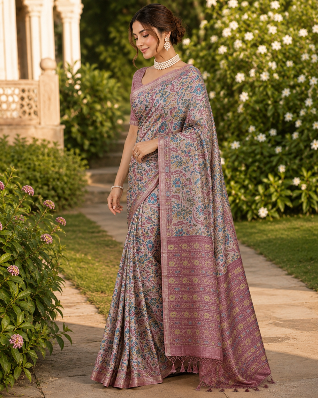 Lavender Mauve Floral Kalamkari Jaal Premium Silk Saree