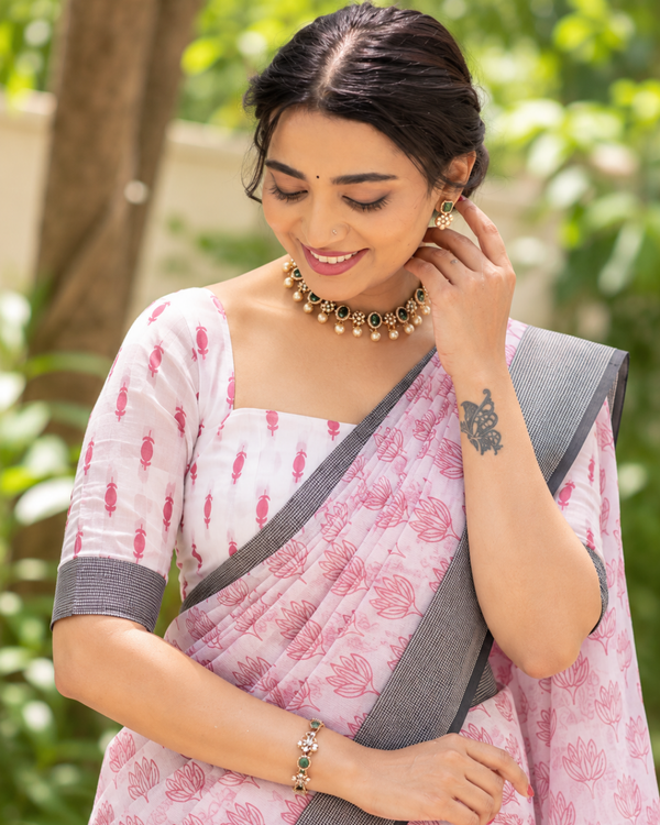 Blush Pink Booti Block Chanderi Saree