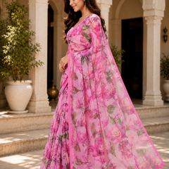 Pink Rose Floral Georgette Saree