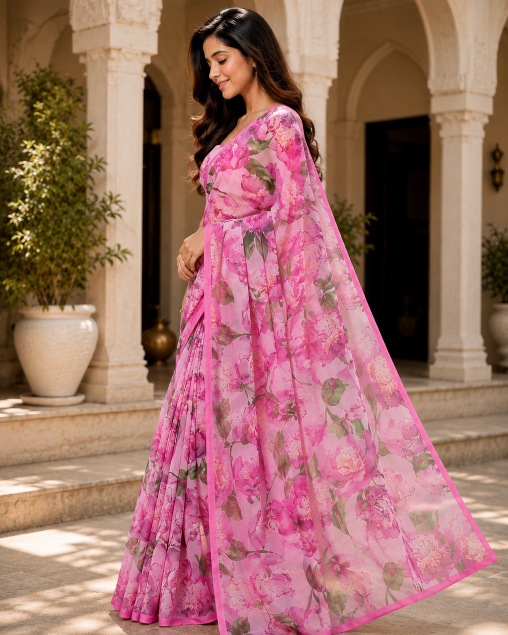 Pink Rose Floral Georgette Saree