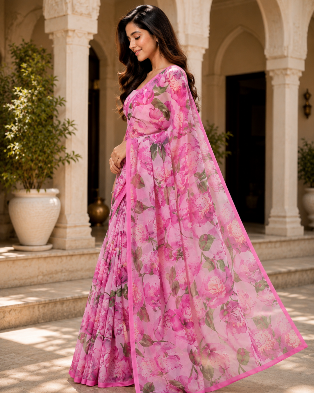 Pink Rose Floral Georgette Saree