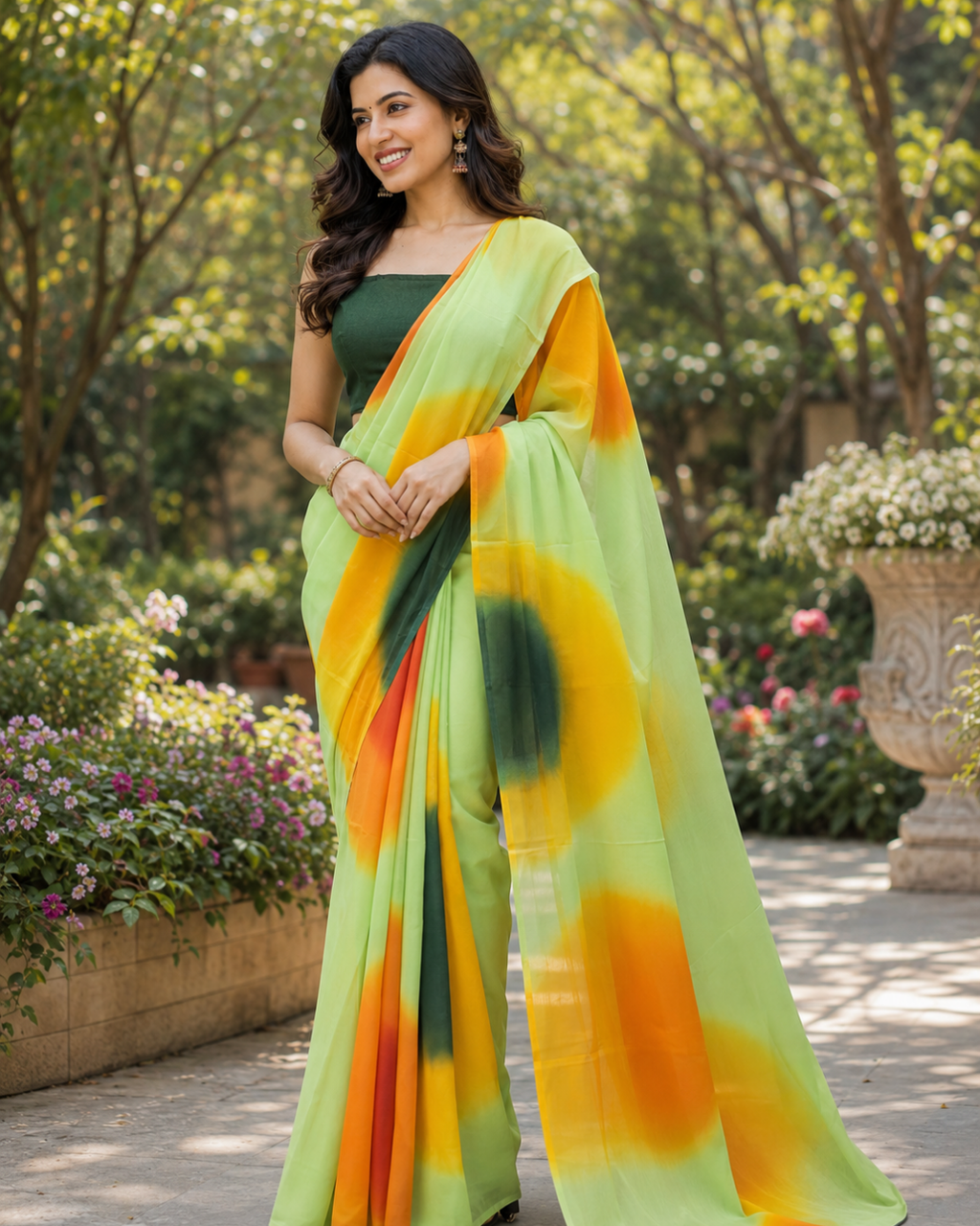 Lime Green Ombre Georgette Saree