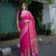 Rani Pink Kalamkari Flora Chanderi Saree