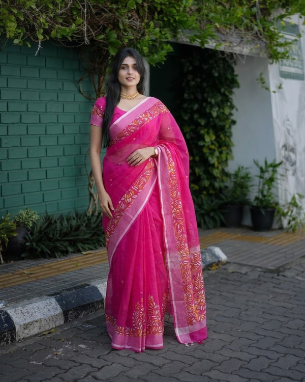 Rani Pink Kalamkari Flora Chanderi Saree