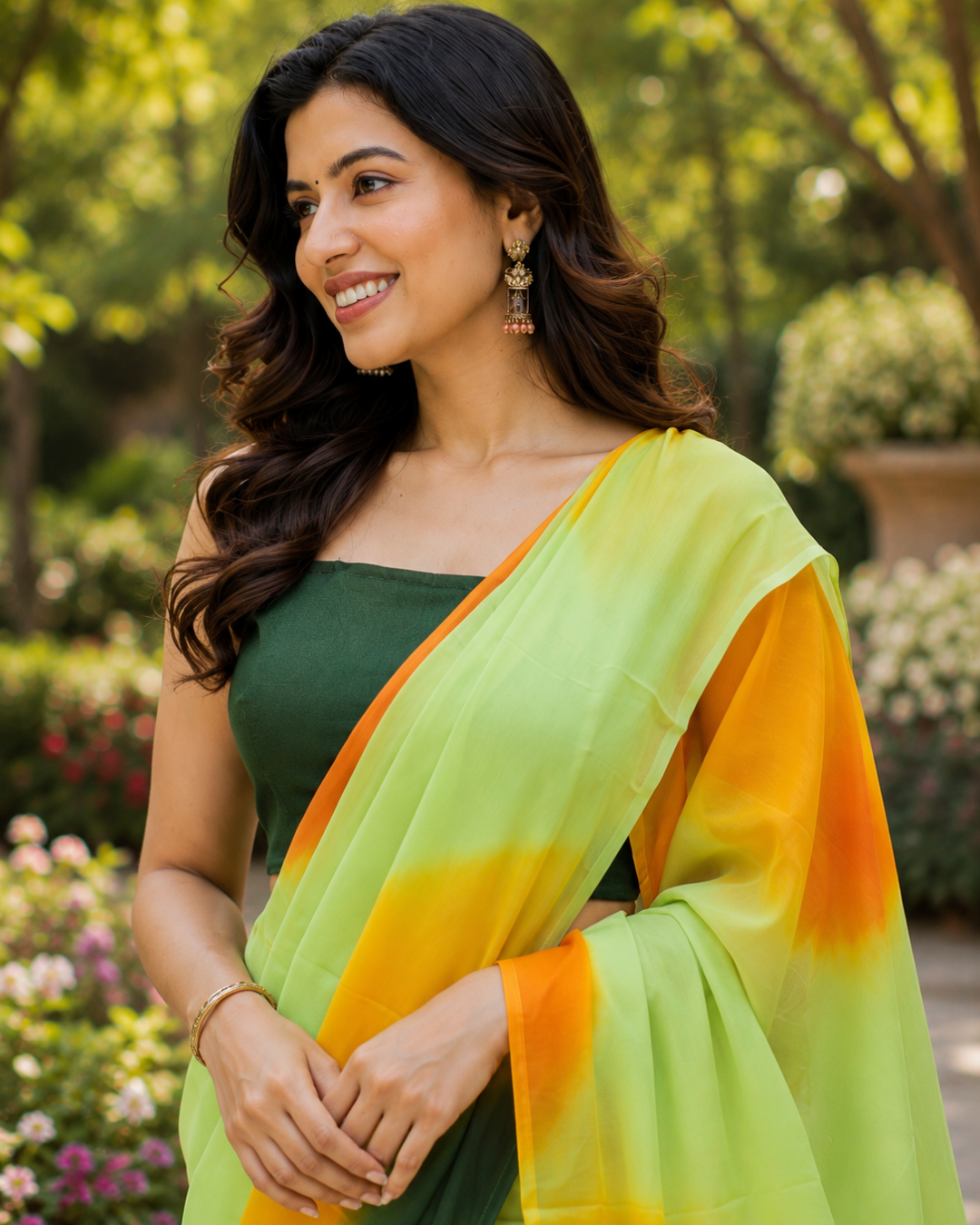 Lime Green Ombre Georgette Saree