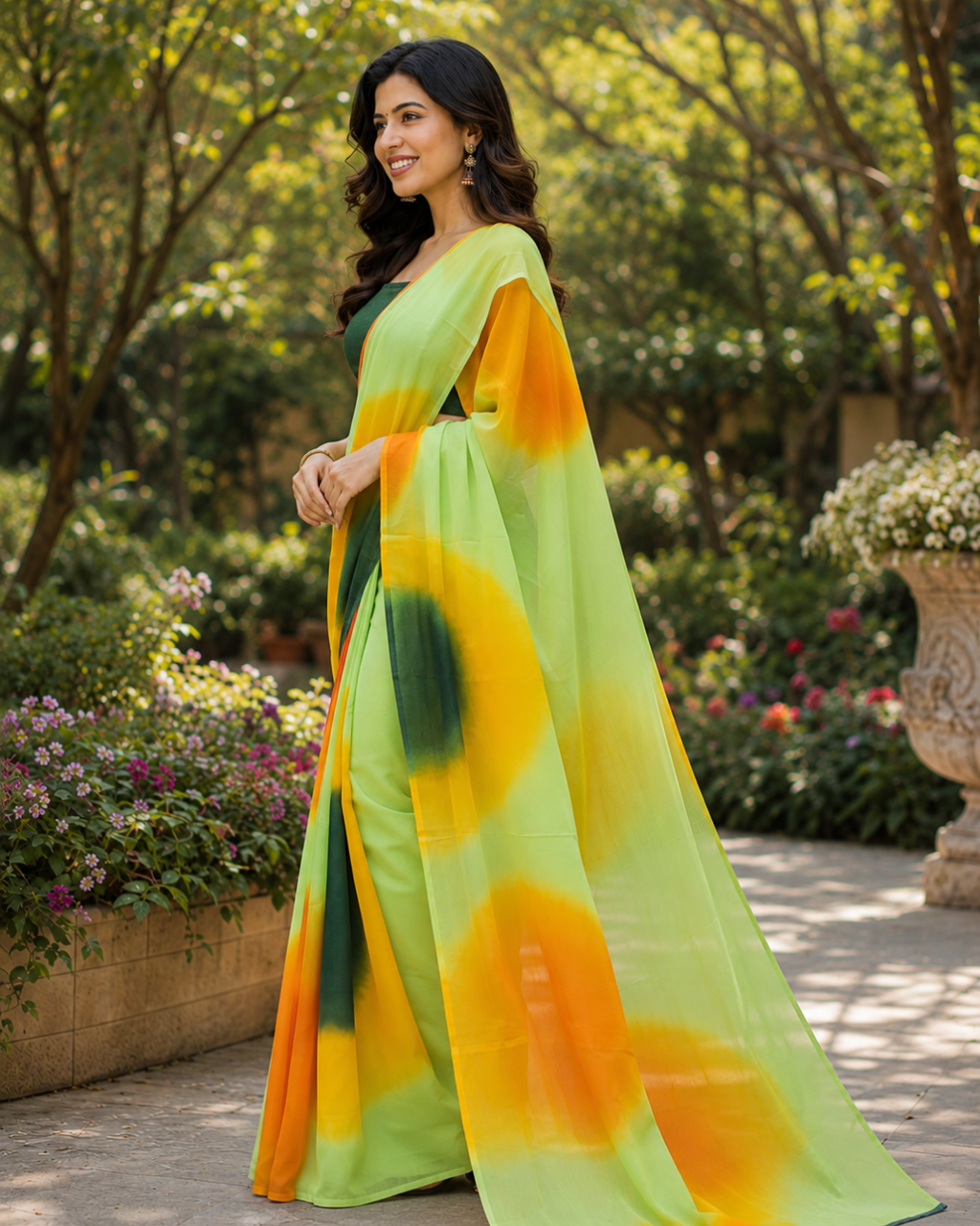 Lime Green Ombre Georgette Saree