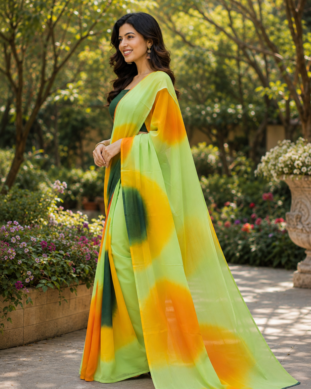 Lime Green Ombre Georgette Saree