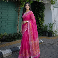 Rani Pink Kalamkari Flora Chanderi Saree