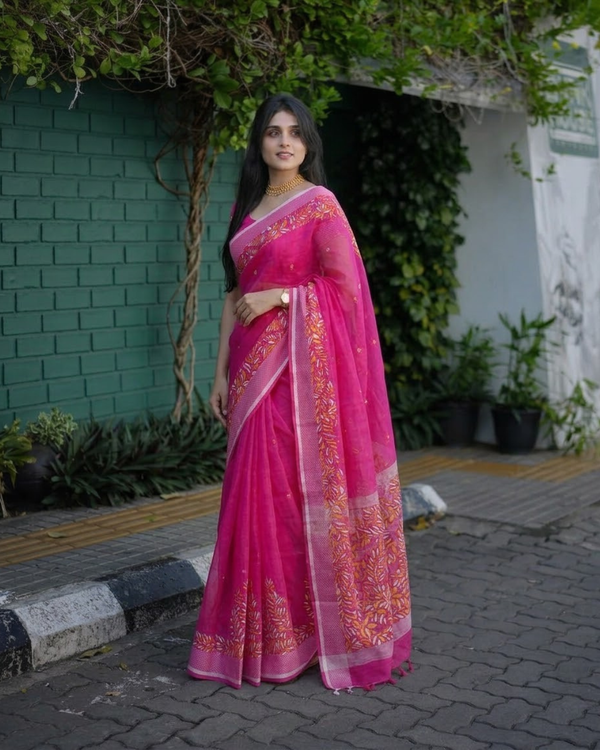 Rani Pink Kalamkari Flora Chanderi Saree