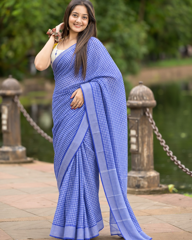 Royal Blue Gingham Check Chanderi Saree