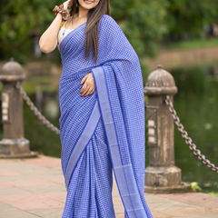 Royal Blue Gingham Check Chanderi Saree