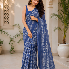 Royal Blue Floral Printed Chanderi Saree