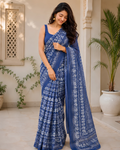 Royal Blue Floral Printed Chanderi Saree