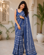 Royal Blue Floral Printed Chanderi Saree