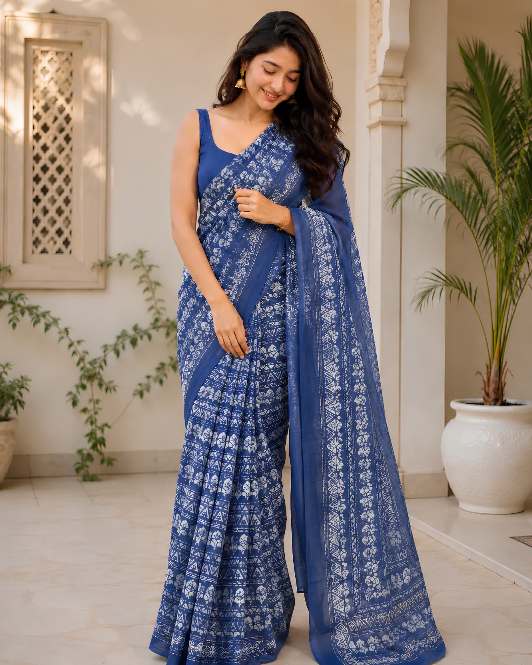 Royal Blue Floral Printed Chanderi Saree