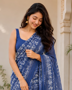 Royal Blue Floral Printed Chanderi Saree