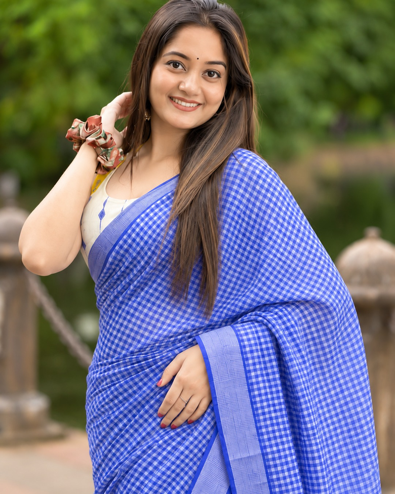 Royal Blue Gingham Check Chanderi Saree