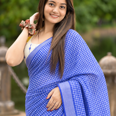Royal Blue Gingham Check Chanderi Saree