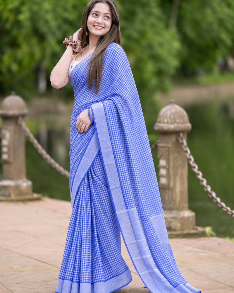 Royal Blue Gingham Check Chanderi Saree