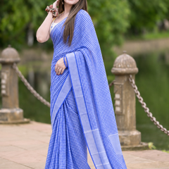 Royal Blue Gingham Check Chanderi Saree