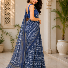 Royal Blue Floral Printed Chanderi Saree