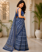Royal Blue Floral Printed Chanderi Saree