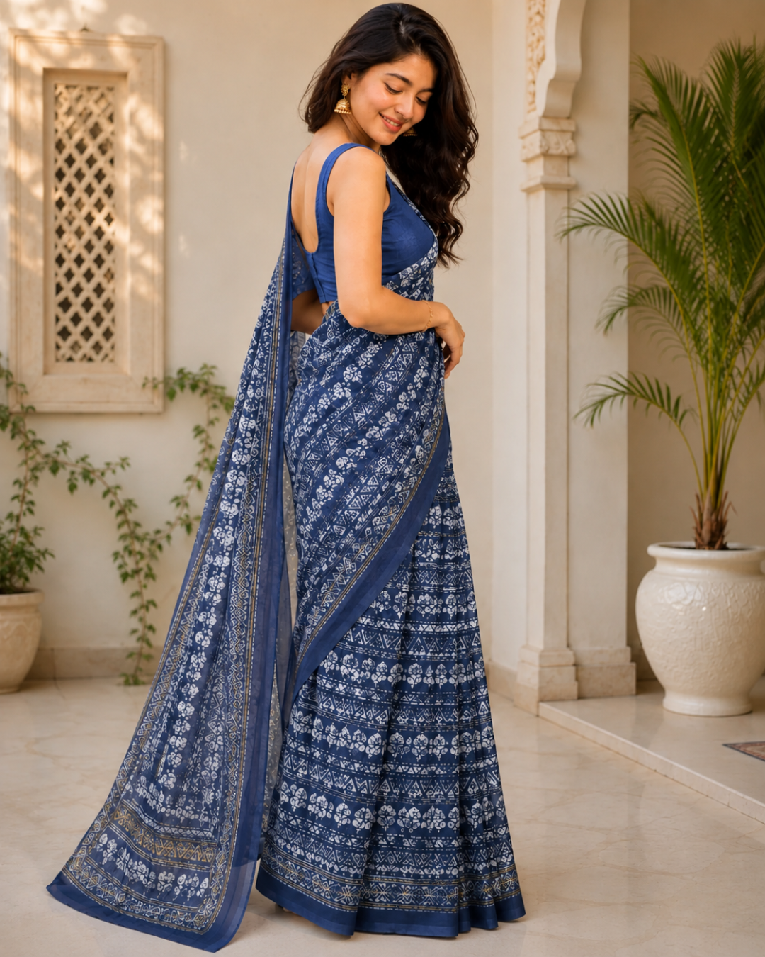 Royal Blue Floral Printed Chanderi Saree