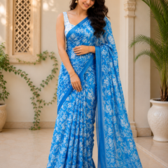 Sky Blue Floral Chanderi Saree