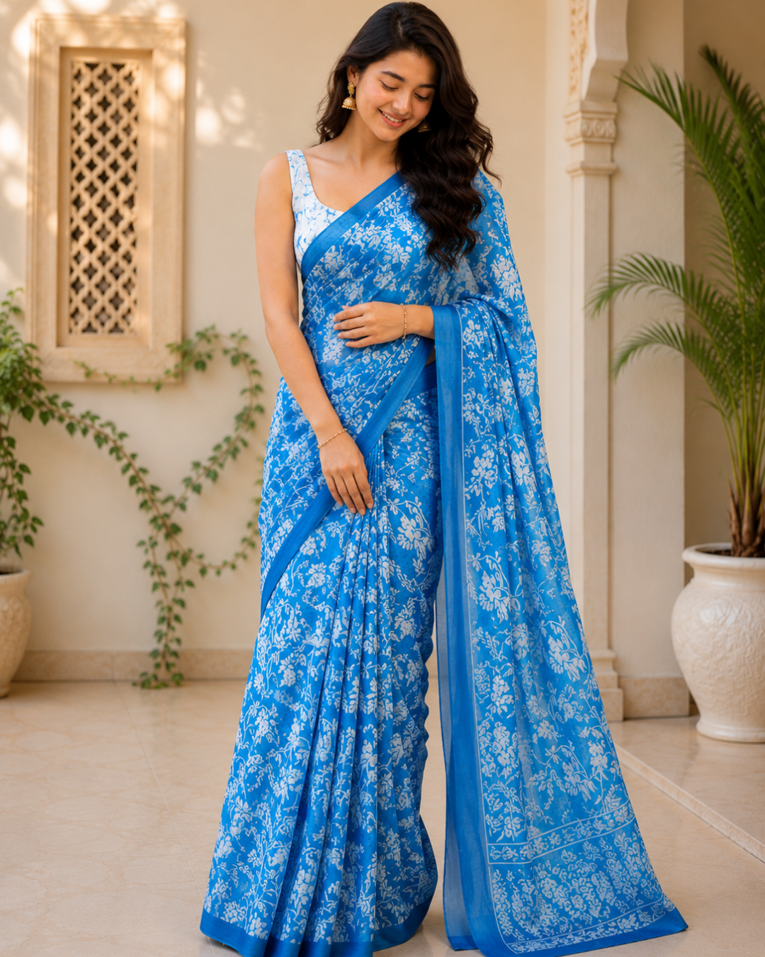 Sky Blue Floral Chanderi Saree