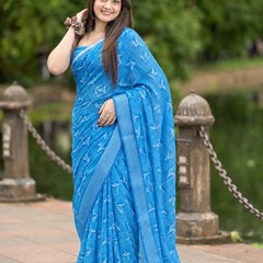 Cerulean Blue Ikat Feather Chanderi Saree