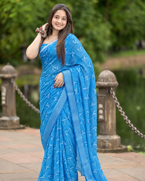 Cerulean Blue Ikat Feather Chanderi Saree