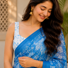 Sky Blue Floral Chanderi Saree