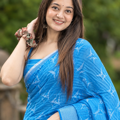Cerulean Blue Ikat Feather Chanderi Saree