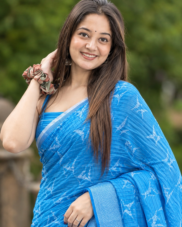 Cerulean Blue Ikat Feather Chanderi Saree