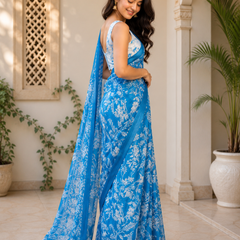 Sky Blue Floral Chanderi Saree
