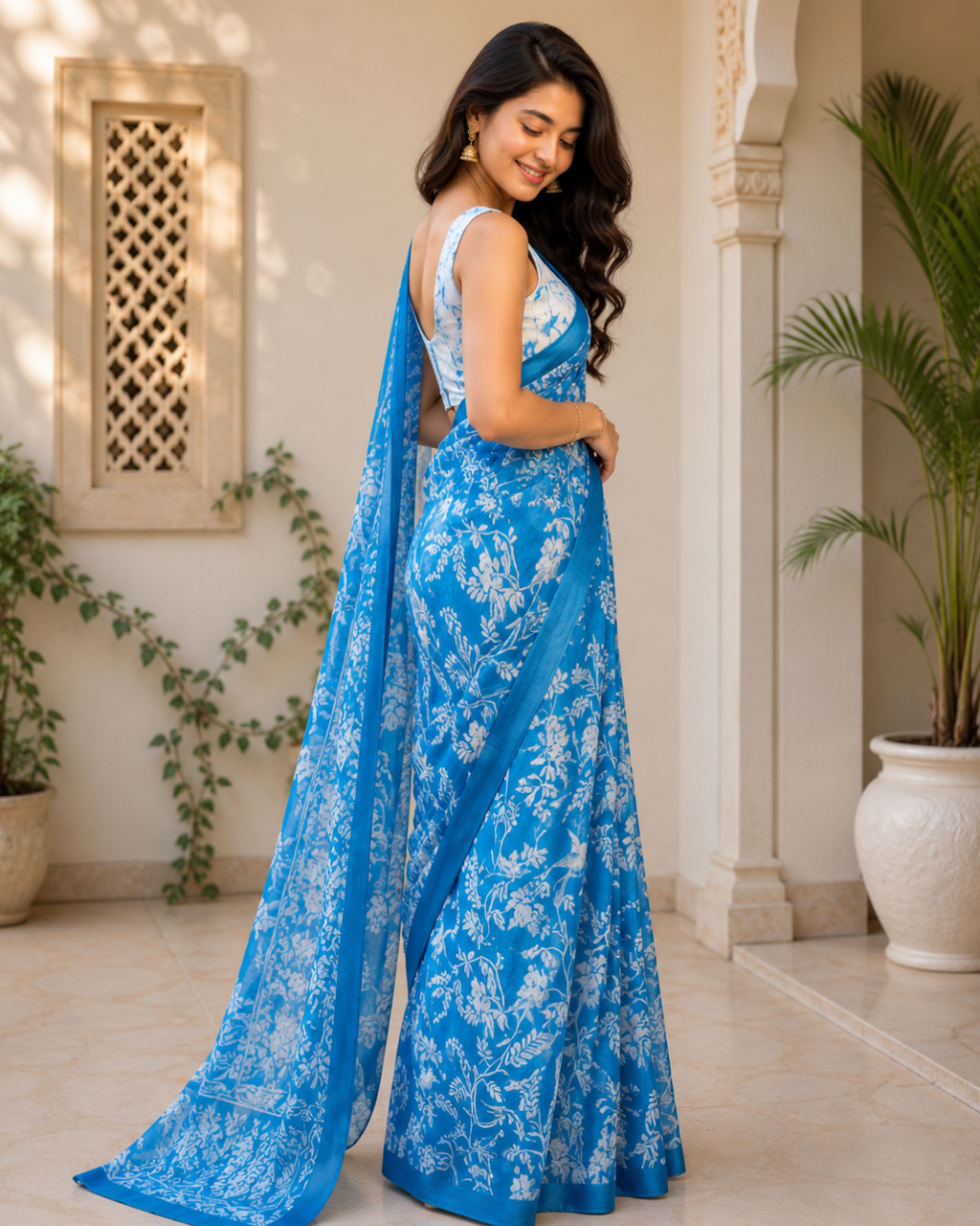 Sky Blue Floral Chanderi Saree