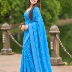 Cerulean Blue Ikat Feather Chanderi Saree