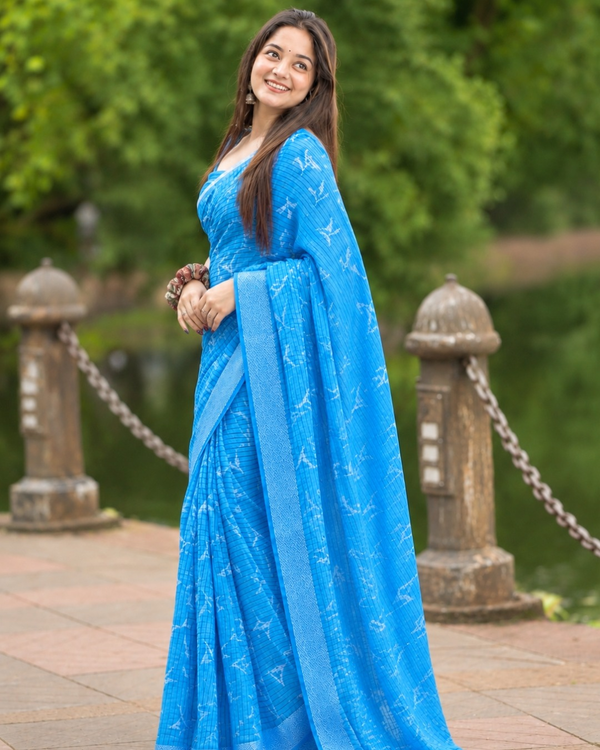 Cerulean Blue Ikat Feather Chanderi Saree