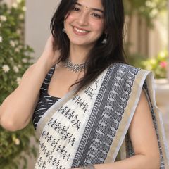 Silver Grey Floral Medallion Chanderi Saree