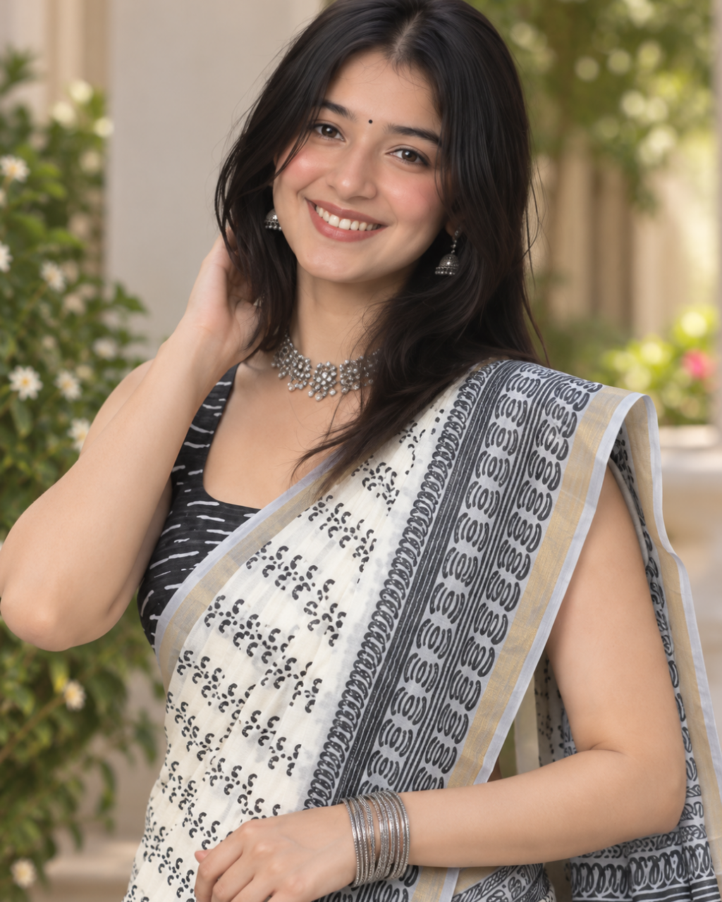 Silver Grey Floral Medallion Chanderi Saree